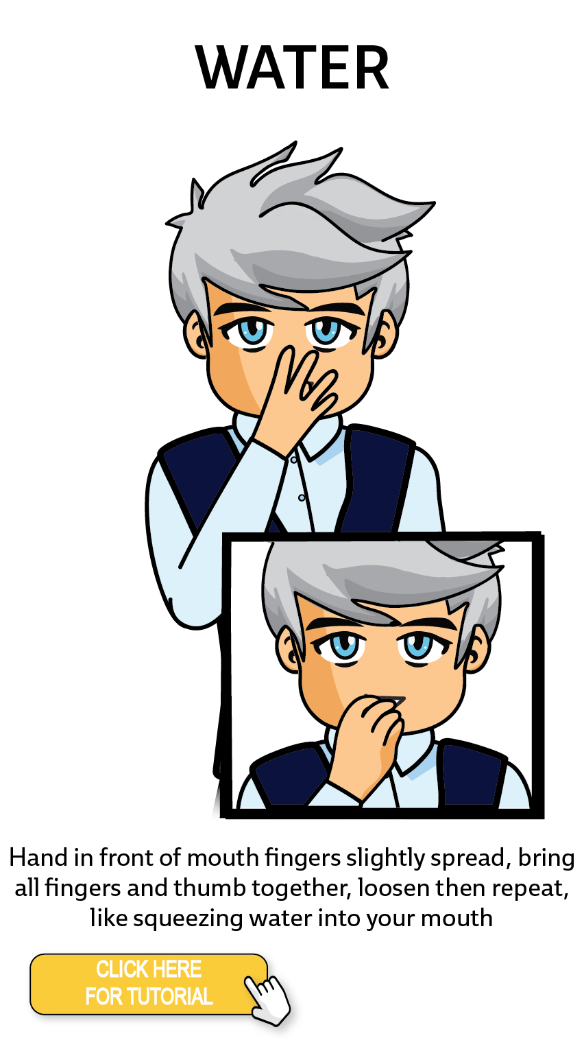 The Cérge character performing sign language for the word Water. The Keyword Sign instructions are: Hand in front of mouth fingers slightly spread, bring all fingers and thumb together, loosen then repeat, like squeezing water into your mouth.